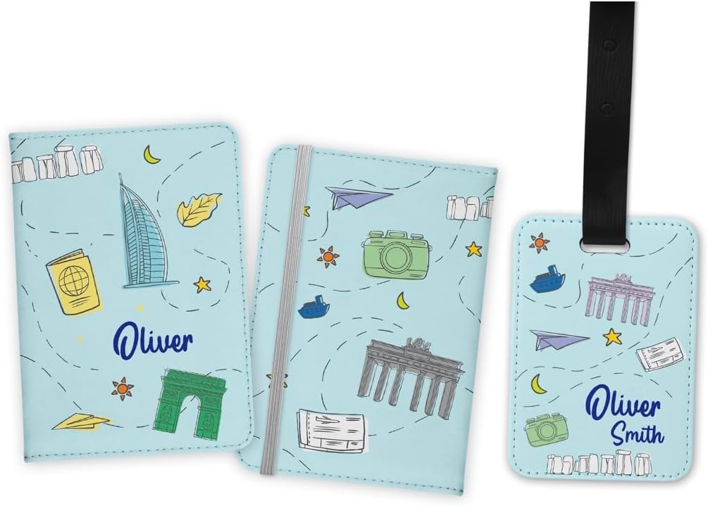 Personalized Passport holder, Personalized Passport Cover for kids, Customized Passport Cover and Luggage tag, Personalized Gift for boys, travel Gift. (Passport Cover + 1 Tag)
