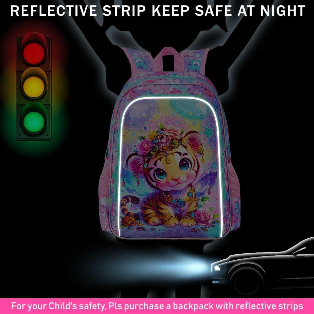 3Pcs Tiger Backpack for Girls, 16" Kids School Backpacks with Lunch Box, Bookbag for Elementary Preschool Kindergarten(Pink)