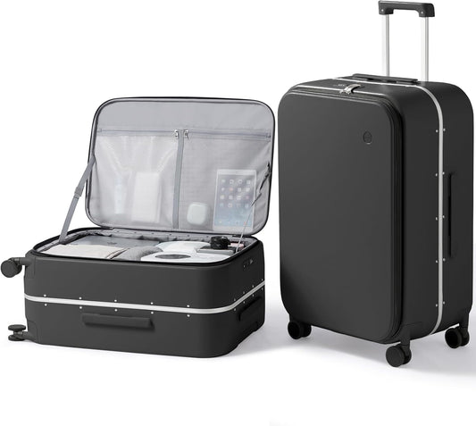 mixi 26 Inch Large Checked Luggage PC Hard Shell Suitcase Top Opening Aluminum Frame Travel Suitcases with Wheels, Black