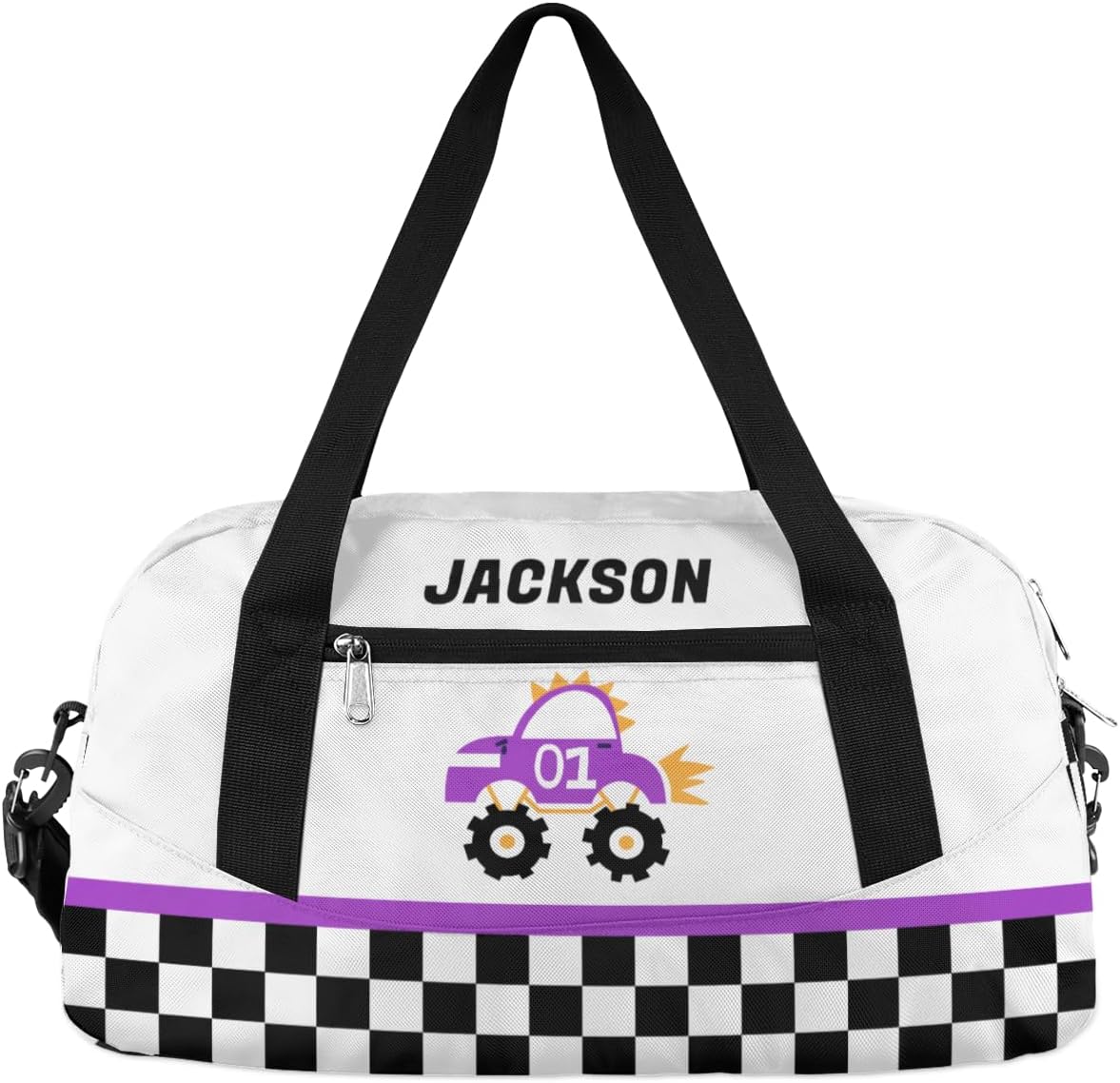 Truck Car Custom Name Kids Overnight Duffel Bags Boys Buffalo Plaid Personalized Sport Gym Bag Customized Duffel Bag for Travel Weekender Practice Gymnastics