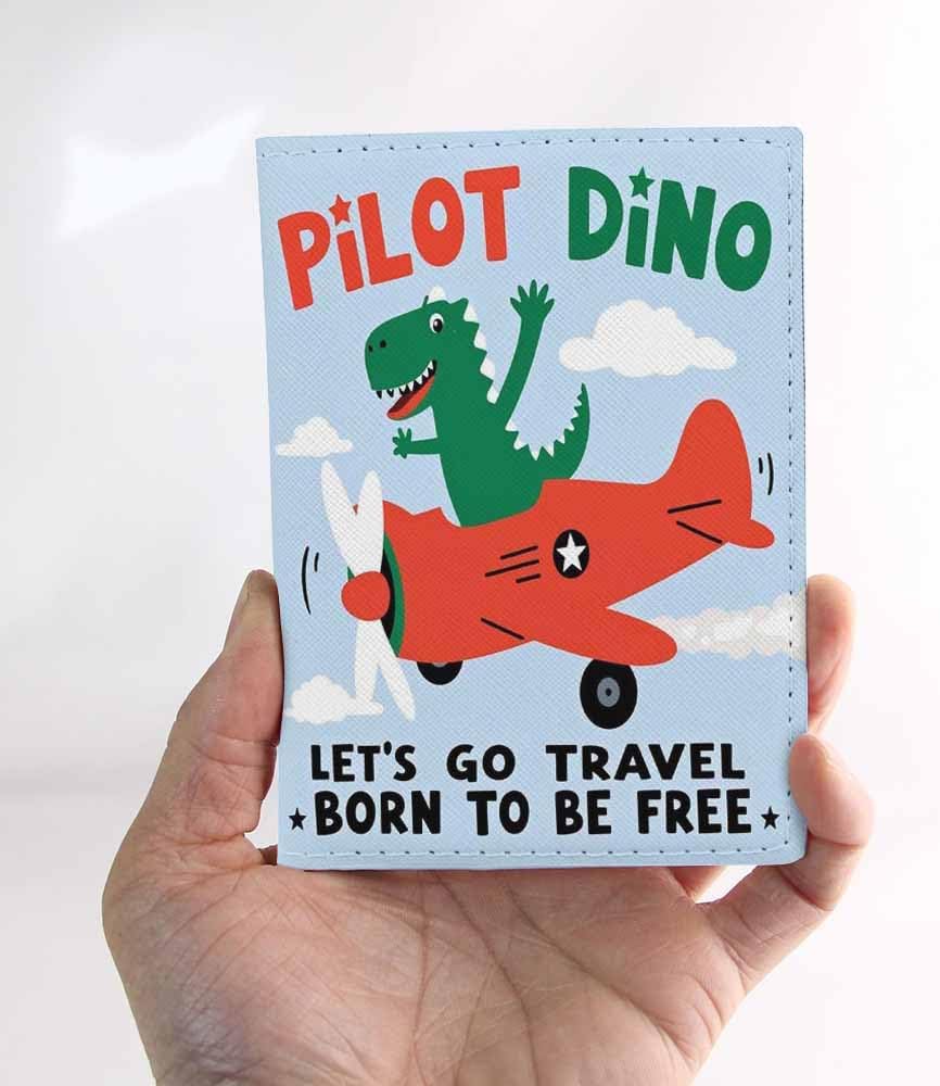 Cartoon Dino Passport Holder for Travel Plane and Dinosaur Print PU Leather Passport Cover Wallet Cute Passport Card Holder for Women and Men