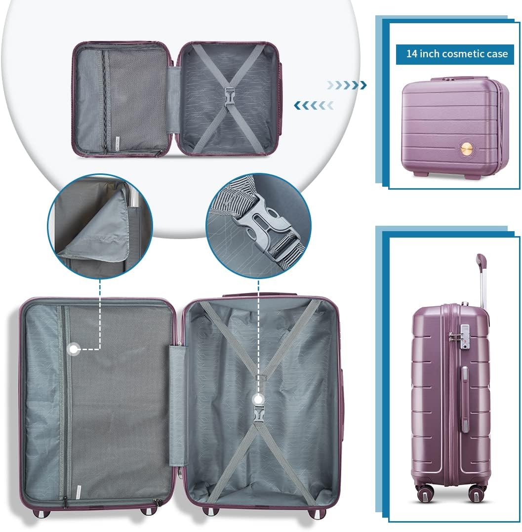 Somago Luggage Sets 3 Piece Hard Shell Polypropylene Suitcase with TSA Lock Spinner Carry On Luggage with Beauty Case Travel Set,Elegant Purple