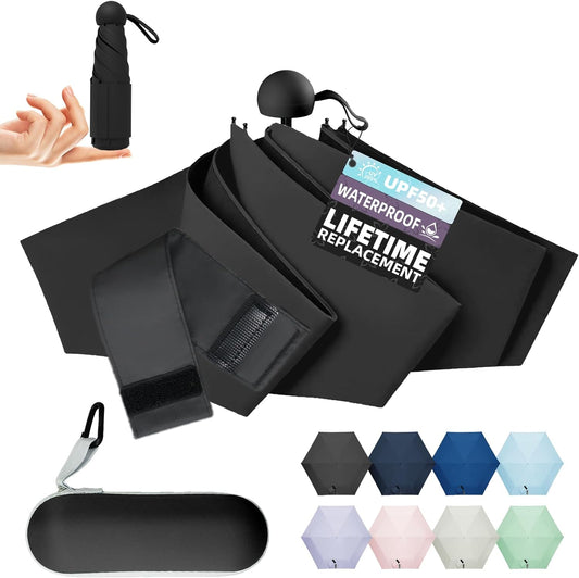 Travel Mini Umbrella Compact Small & Lightweight, UV Rain Protection, Pocket-Sized Folding Umbrellas with Quickdraw & Case for Men Women & Kids Backpack