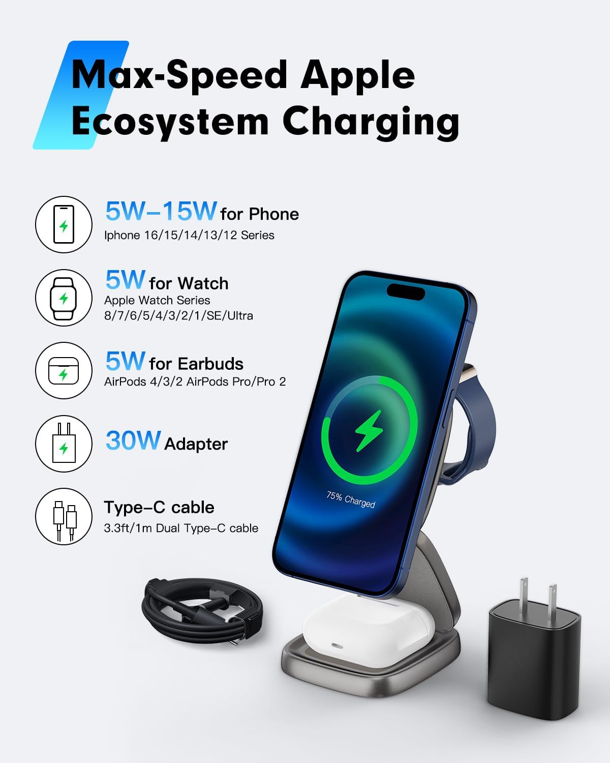 Charging Station for Apple Multiple Devices - for 15W Mag-Safe Fast Charging All-Aluminum Foldable Magnetic Wireless Charger Dock for iPhone 17 16 15 14 13 12 & iWatch & Airpods (30W Adapter)