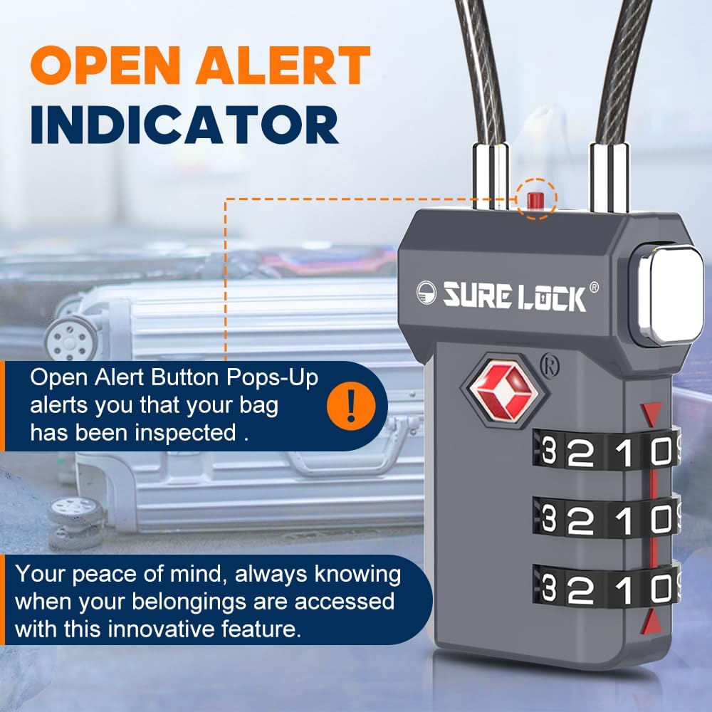 SURE LOCK TSA Approved 3-Digit Combination Luggage Locks – Open Alert Indicator, Re-settable Code with Zinc Alloy Body, Easy-Read Dials for Suitcase, Backpack, Gym Locker & Toolbox (Multiple Colors)