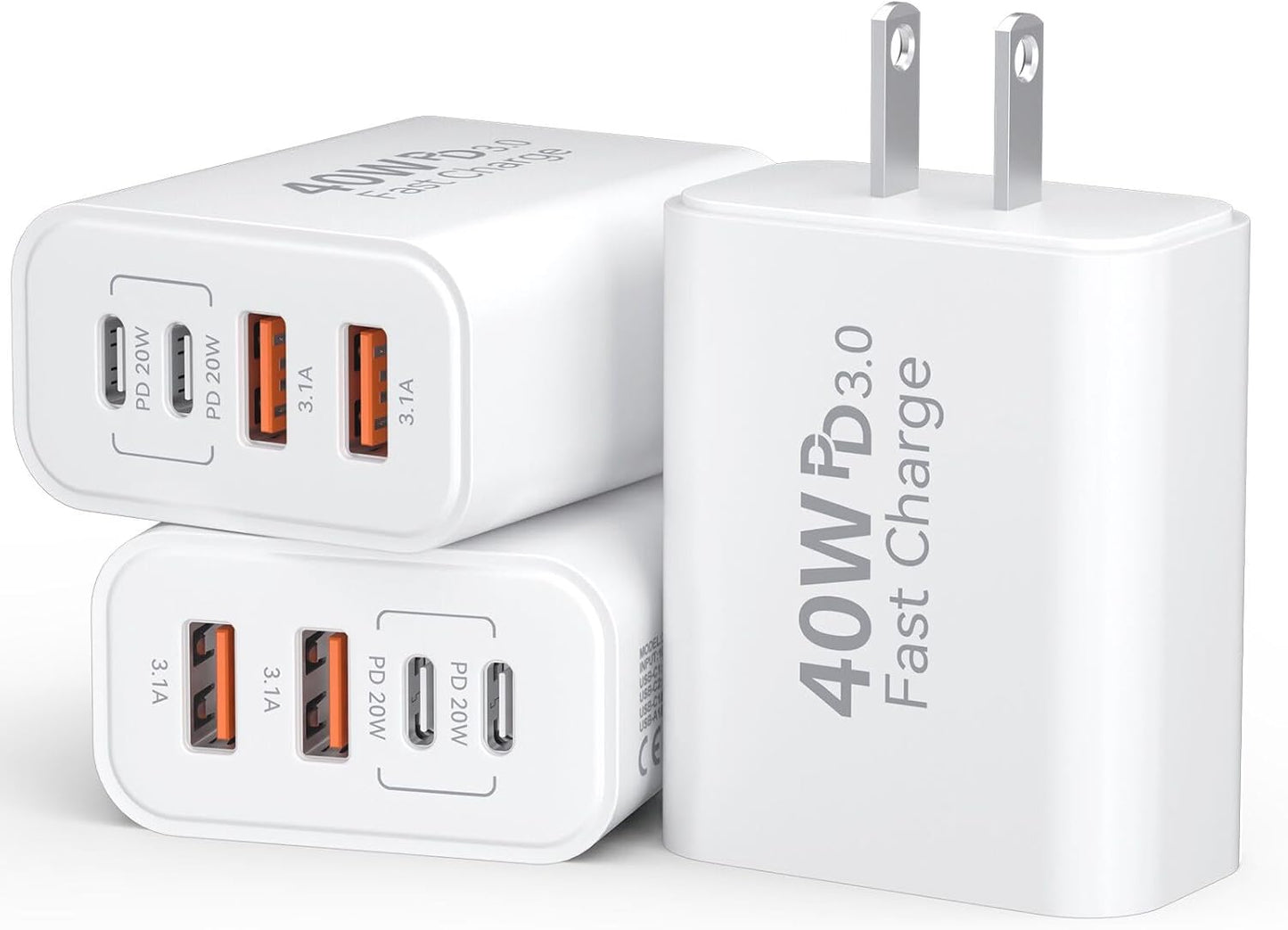 USB C Charger Block, 3Pack 40W 4 Ports Type C Fast Phone Charging Cubes PD 3.0 Wall Plug+ QC 3.0 USB A Charger Power Brick Box for iPhone 16/15/14/13/12/11 Pro Max, iPad, Galaxy, Pixel,White