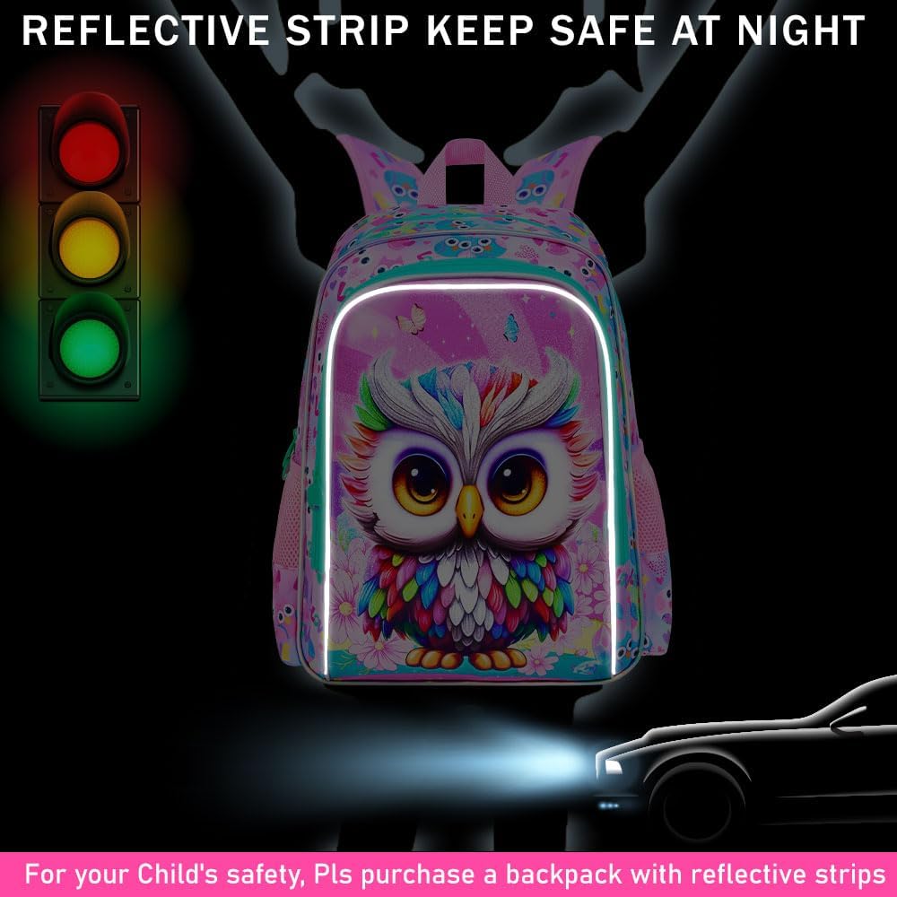 3PCS Owl Bookbag for Girls, Water Resistant Kids Bookbag Set with Lunch Box, Cute School Bag for Preschool Toddler
