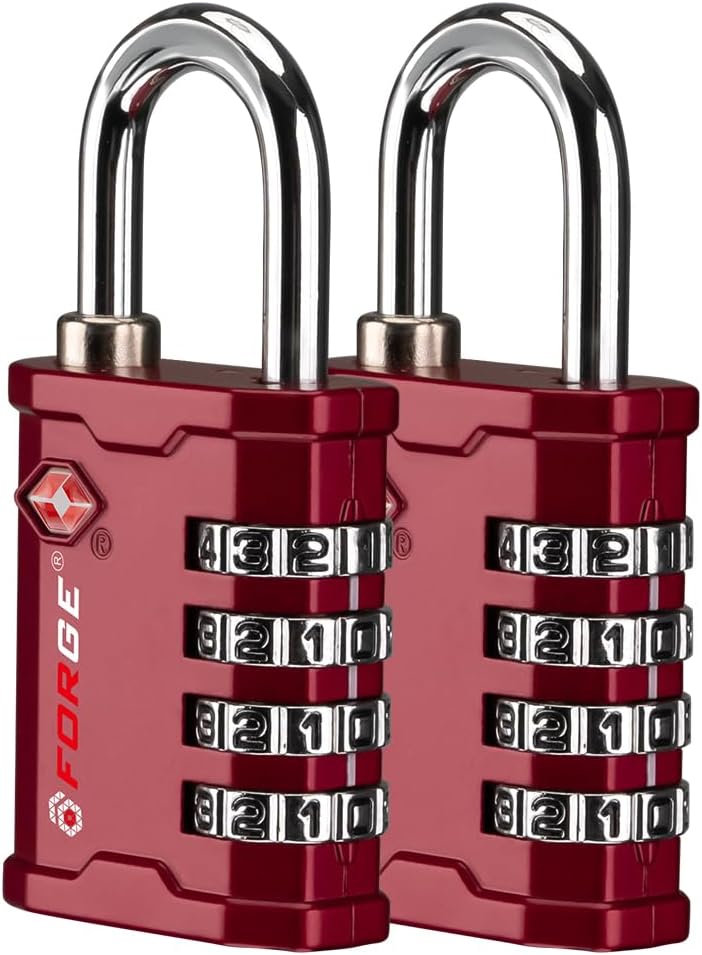 FORGE 4 Digit TSA Approved Combination Lock, Tool Box and Case Lock, Combination Padlock for Travel, Gym, Home. Red 2 Locks.