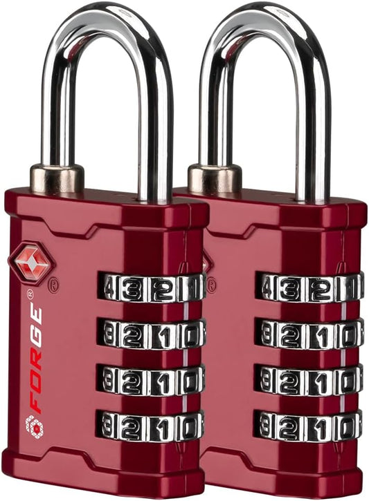 FORGE 4 Digit TSA Approved Combination Lock, Tool Box and Case Lock, Combination Padlock for Travel, Gym, Home. Red 2 Locks.