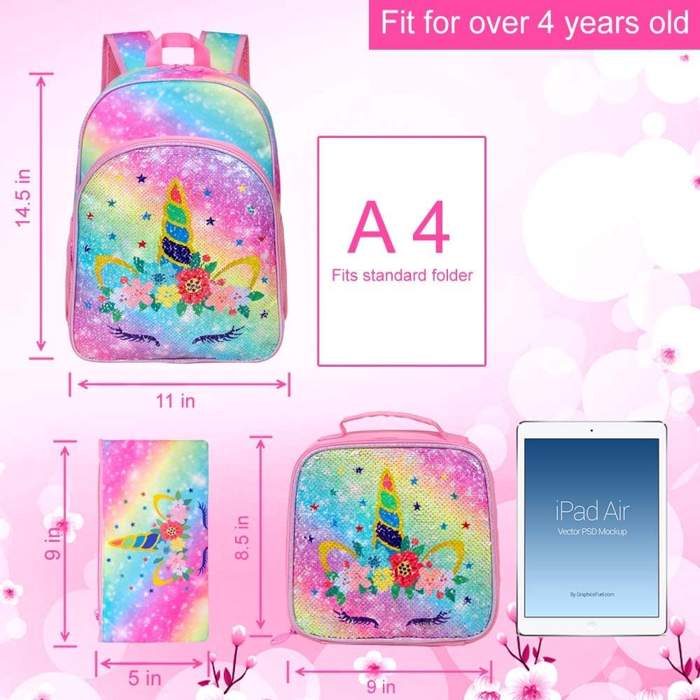 WZLVO Kids Backpack for Girls,Prechool Elementary Kindergarten School Bookbag and Lunch Box