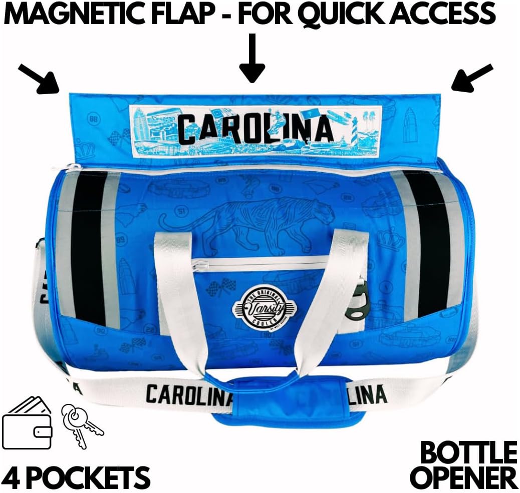 Varsity Cooler Carolina Travel Party Duffel & Cooler – 30 Can Leakproof Insulated Tote Bag, Waterproof Soft compartment for Tailgating, Golf, Beach, Carry-On Luggage & Outdoor Sports