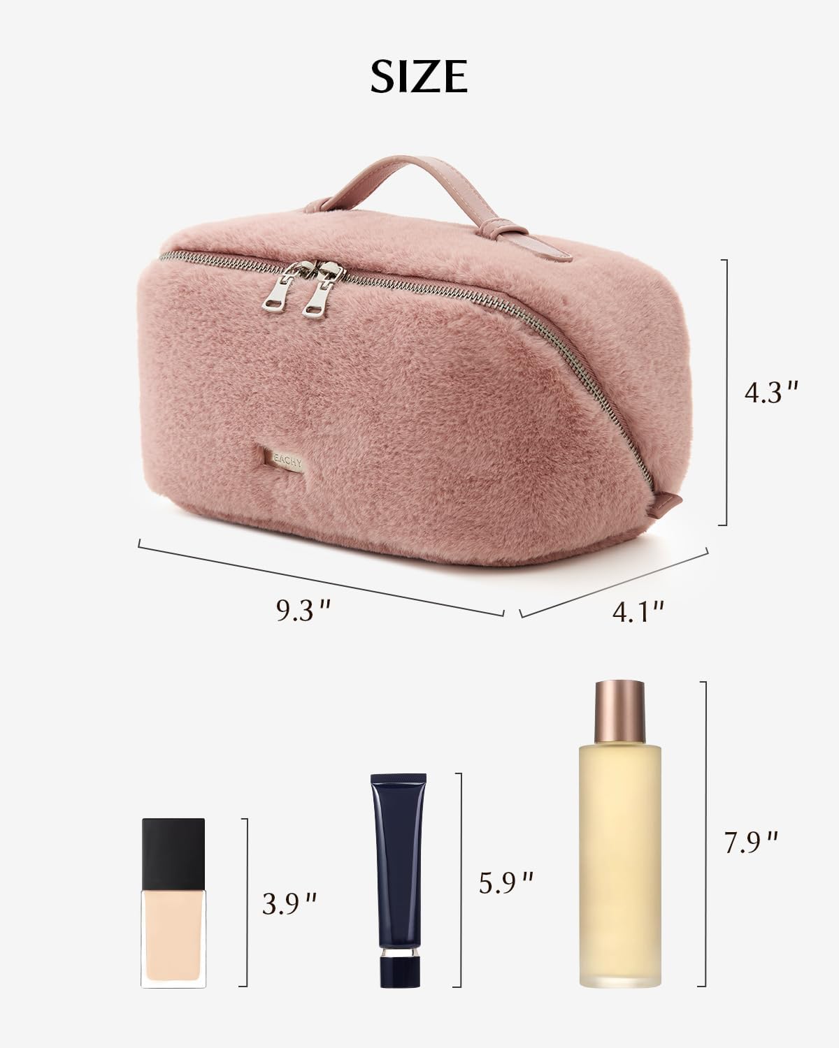 EACHY Travel Makeup Bag,Cute Faux Fur Cosmetic Bag for Women,Portable 180°Wide-Open Flat Toiletry Bag,Large Capacity Makeup Pouch Make up Organizer with Divider and Handle