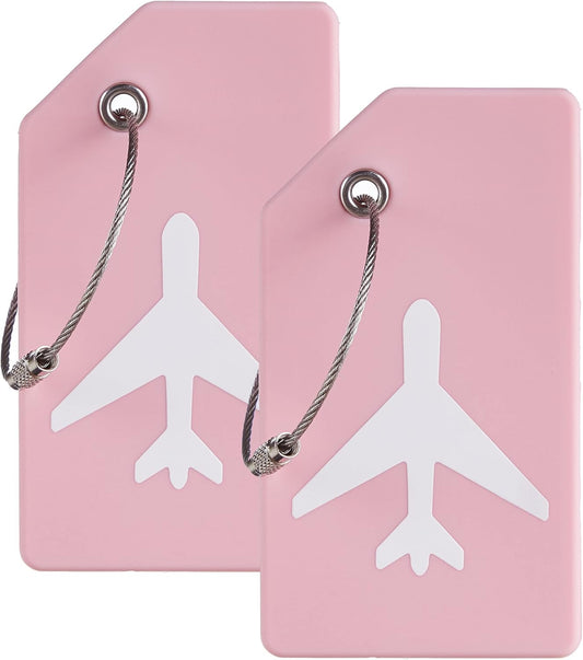 Gostwo 2 Pack Silicone Luggage Tags for Suitcases, 26 Initial Letter Baggage Labels Handbag School Bag Suitcase Instrument Tag with Stainless Steel Loop(Pink)(Airplane)