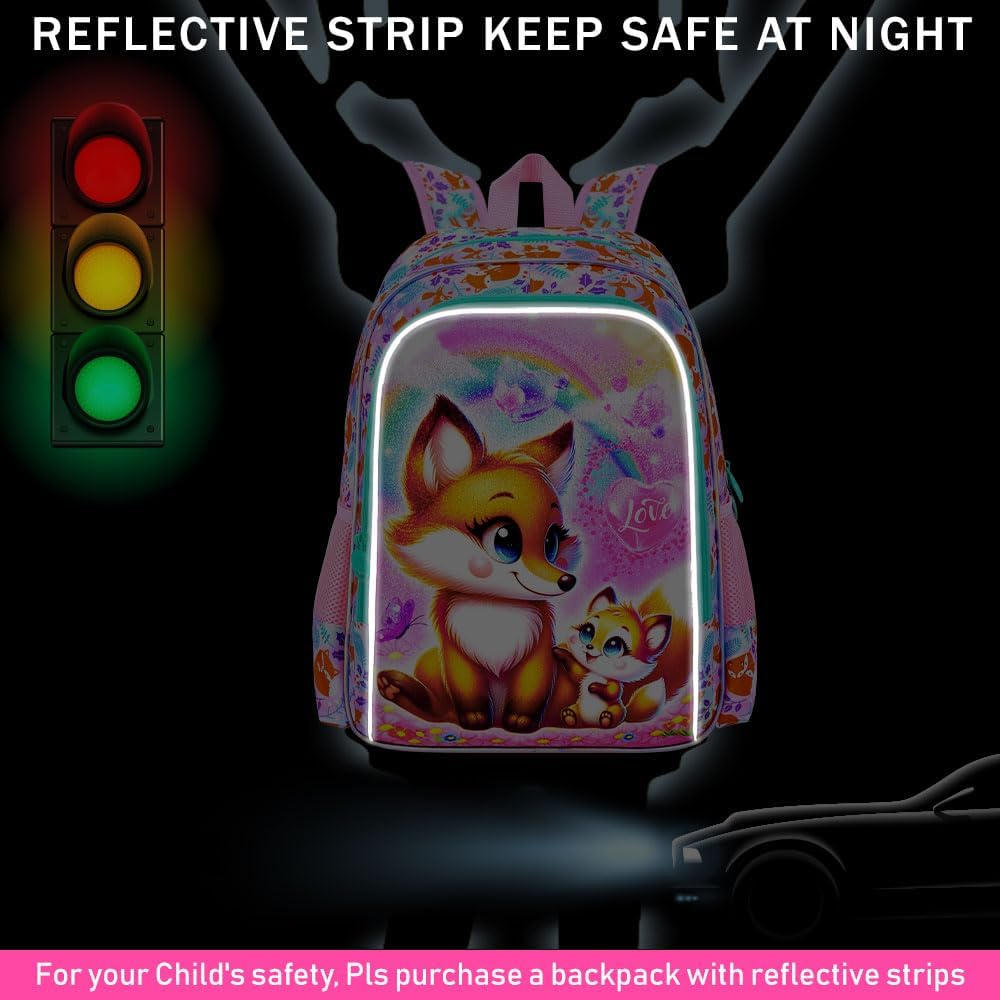 KLFVB 3PCS Girls Fox Backpack, Water Resistant Kids Bookbag with Lunch Box, 16" Preschool Backpacks for Elementary - Fox Pink