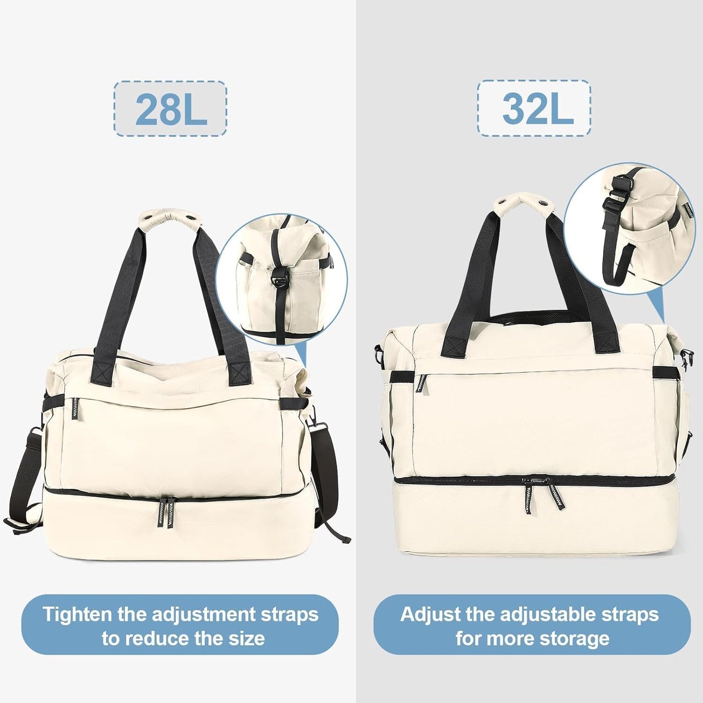 Gym Bag for Men Women, Tactical Travel Duffel bag with Removable Dividers & Shoe Compartment, Weekender Carry on Bag with Toiletry Bag, Overnight Range Bag for Workout Soccer Yoga Gym (White)