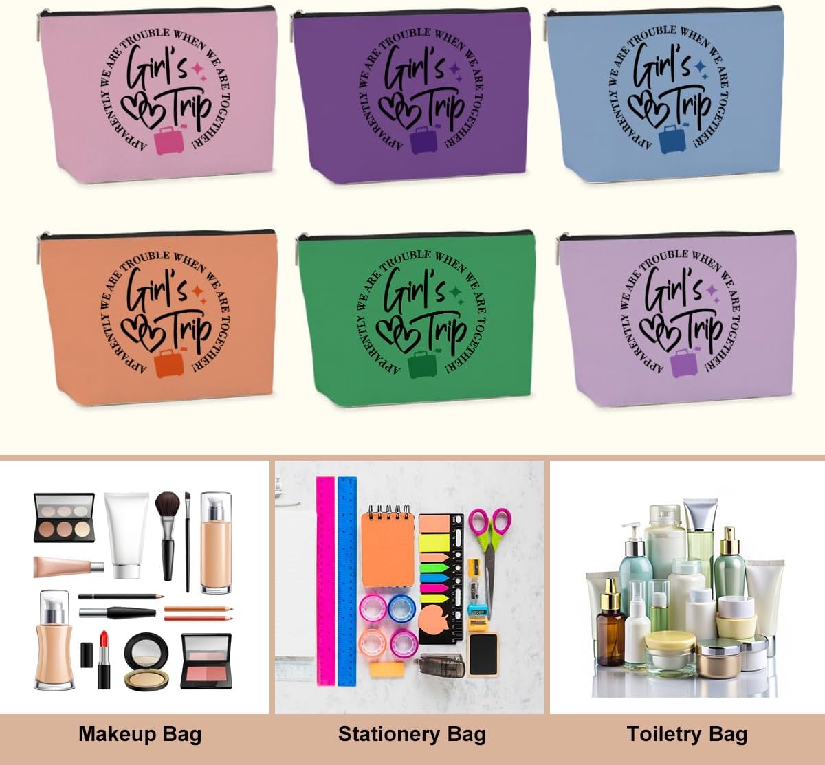 6 PCS Girls Trip Gifts Favors Girls Trip Bag Girls Trip Makeup Bag Girls Weekend Gifts for Women Girls Weekend Gifts Ideas for Friend Cosmetic Bag Weekender Bag for Women Christmas Holiday Vacation