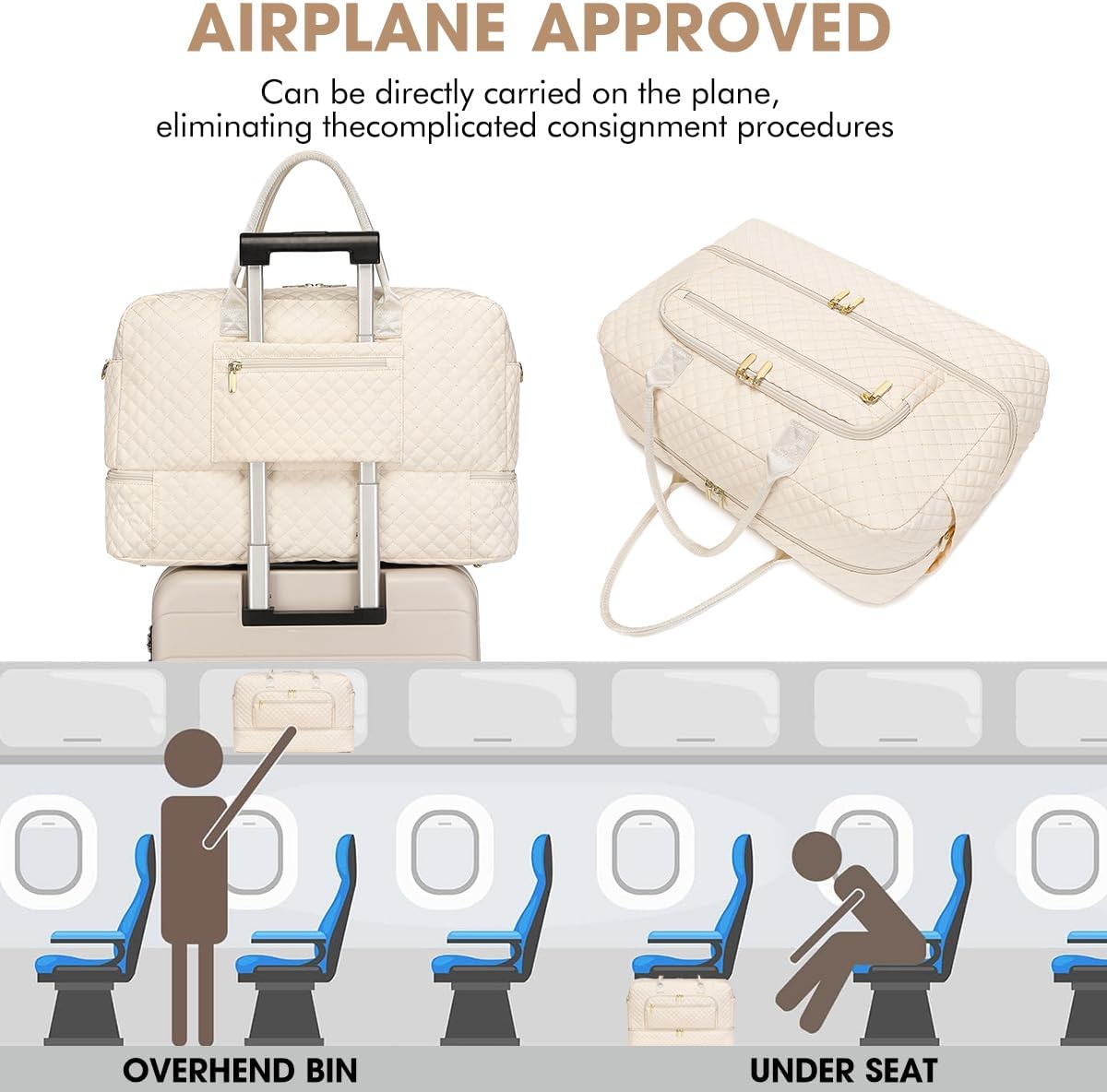Weekender Overnight Bag Women: Large Travel Duffle Bag with Shoe Compartment & Wet Pocket Carry On Tote Bag Gym Duffel Bag with Toiletry Bag Bag for Hospital Beige