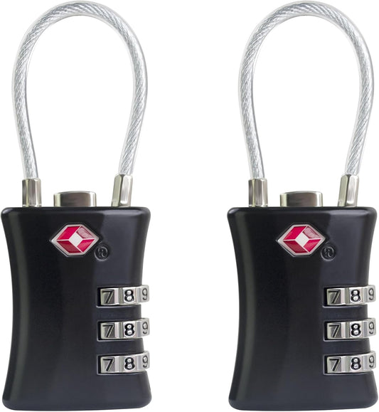 TSA Locks for Luggage, Small Combination Padlock, Luggage Locks TSA Approved, Padlock Combination with Cable, for Suitcase, Gym Locker, Gun Case, Ammo Can, Backpack Zipper (Black+Black)