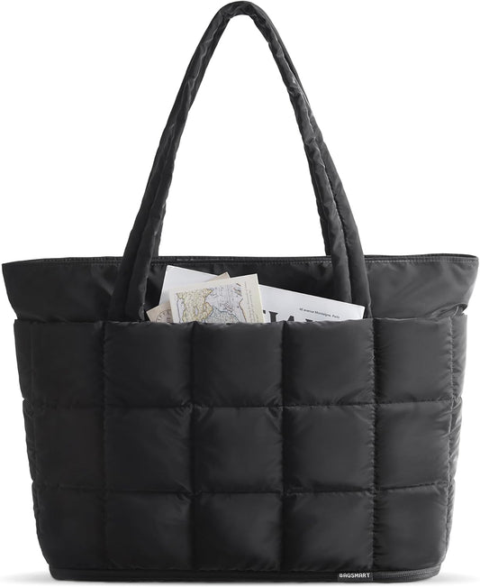 BAGSMART Expandable Tote Bag for Women, Puffer Work Tote Handbag, Quilted Carry-On Travel Gym Bag