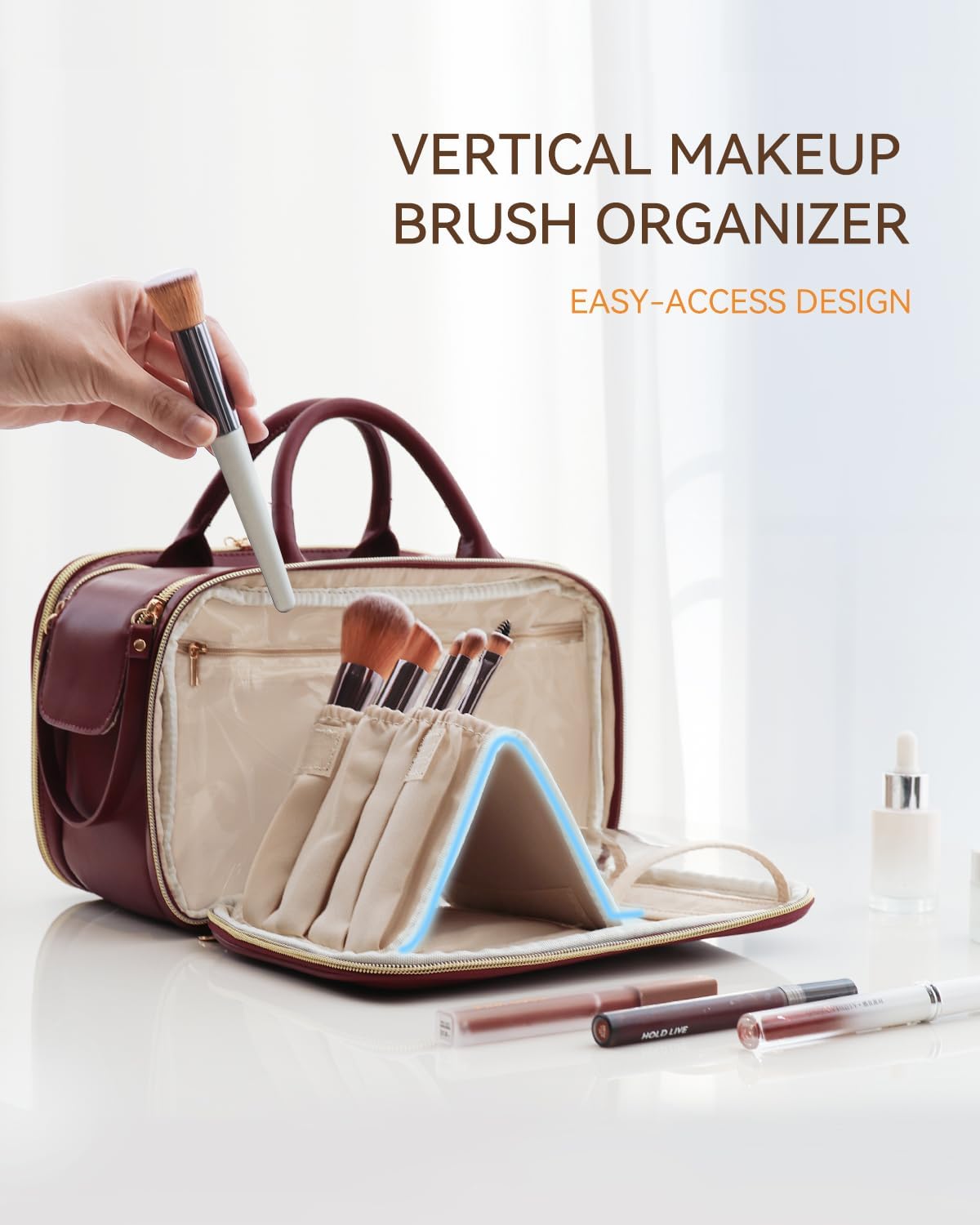 Prite Makeup Bag for Women, Large Capacity Waterproof Travel Cosmetic Organizer, Portable Open Flat Toiletry Bag with Free-standing Brush Holder and Handle (Burgundy Large)