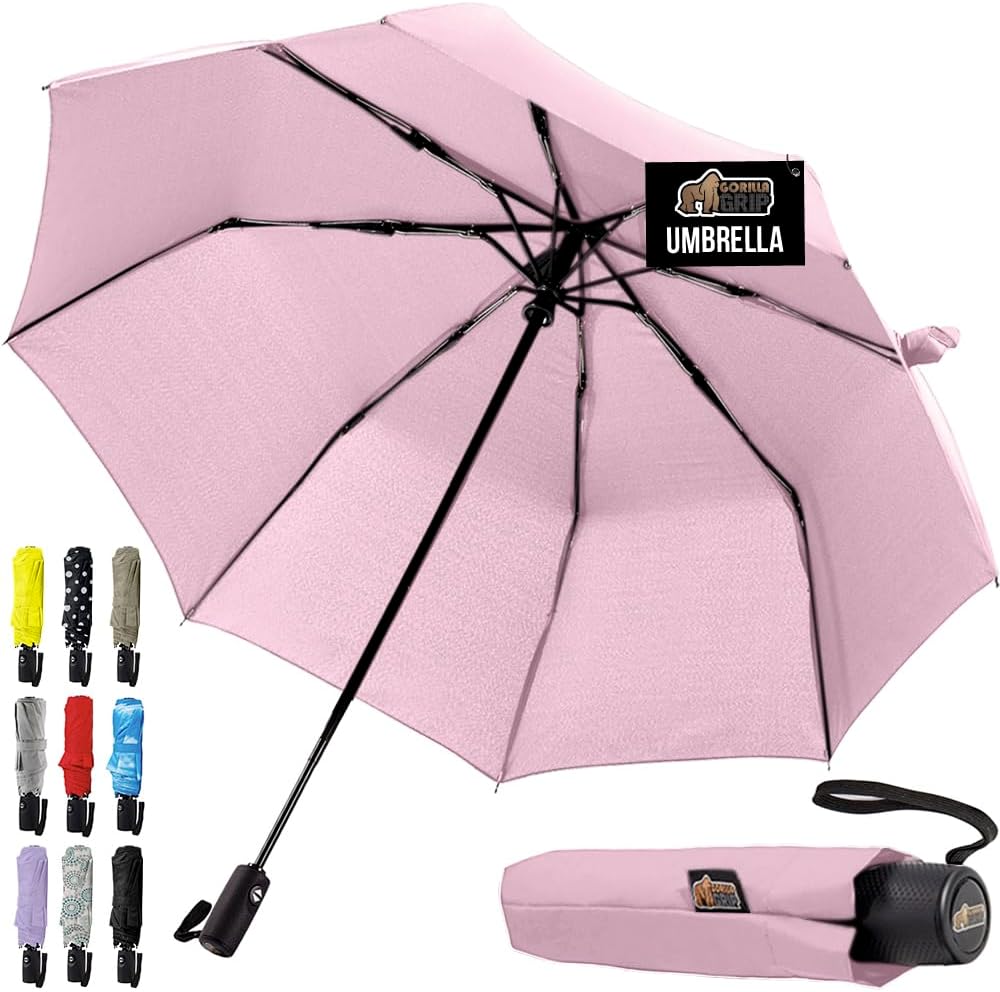 GORILLA GRIP Strong Windproof Stick Compact Umbrella for Rain, One-Click Automatic Open and Close, Durable Quick Dry Waterproof Material, Lightweight and Portable, Travel Size Fits Backpack, Pink