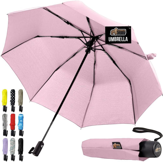 GORILLA GRIP Strong Windproof Stick Compact Umbrella for Rain, One-Click Automatic Open and Close, Durable Quick Dry Waterproof Material, Lightweight and Portable, Travel Size Fits Backpack, Pink