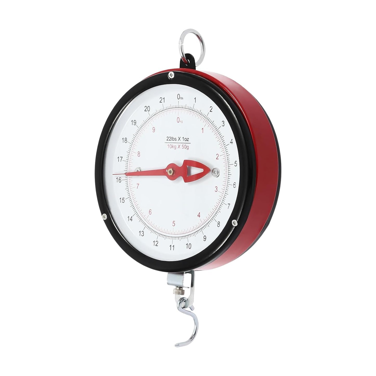 Double-Sided Dial Hanging Scale 22LBS, Mechanical Hanging Scale with Scoop and Chain, Large Display Spring Dial Weight Scale, High Accuracy Weight Scale for Farm, Kitchen Food and Produce (Red)