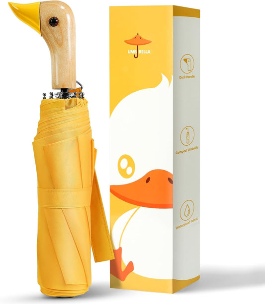 LEAGERA Compact Small Umbrellas for Rain&Sun, Cute Design Duck Head Umbrella for Girls Gifts, 8 Ribs Folding Umbrella with Wooden Handle