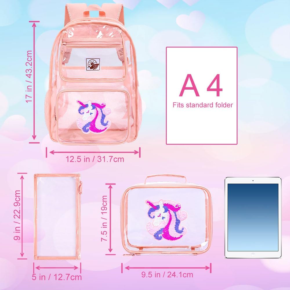 Clear Backpack for Girls and Boys, Kids Transparent Bookbag, 3PCS Cute See Through School Bag for Elementary Prechool