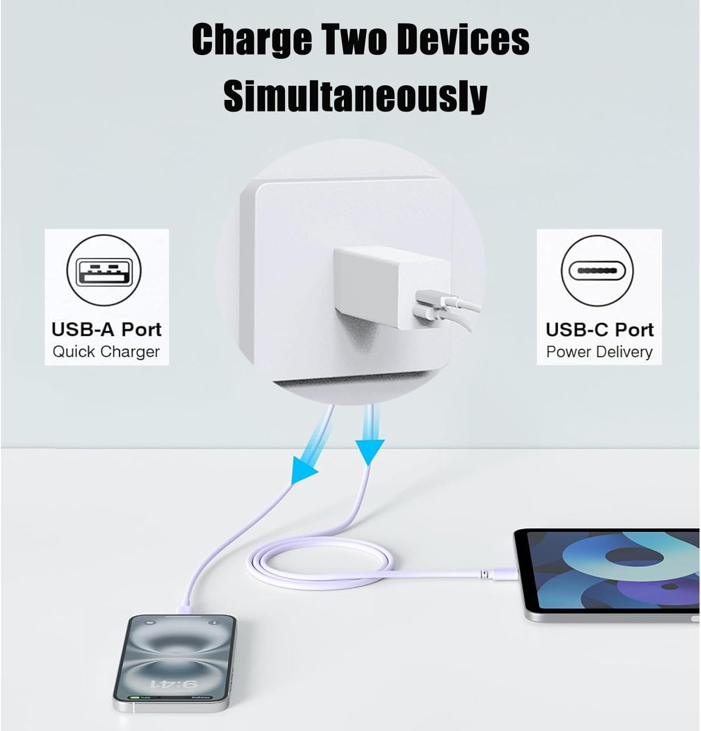 65W USB C Charger, PD QC 3.0 Fast Charging Type C Wall Charger Block, 2 Ports USB-C Power Adapter for iPhone 16 15 14 iPad Pro,for MacBook Pro Foldable Power Adapter (White)