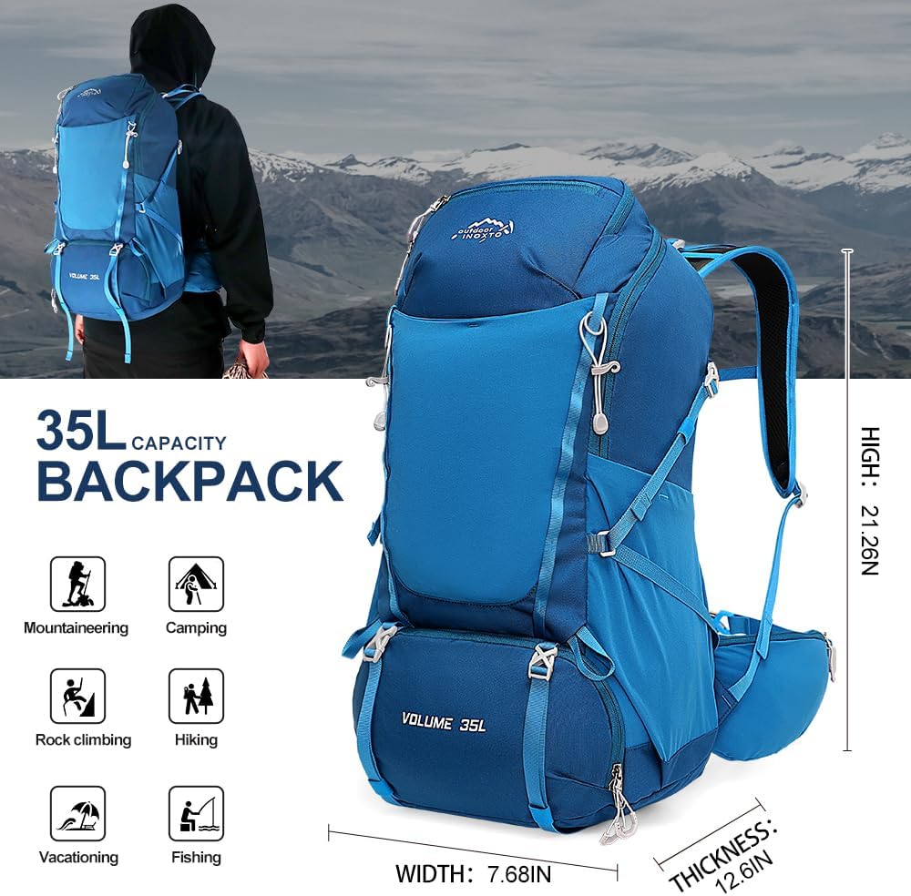 INOXTO 35L Hiking Backpack with 3Lwater bladder, Camping Backpack with Waterproof Rain Cover for Men, Outdoor Sport Travel Daypack for Climbing (Dark blue)