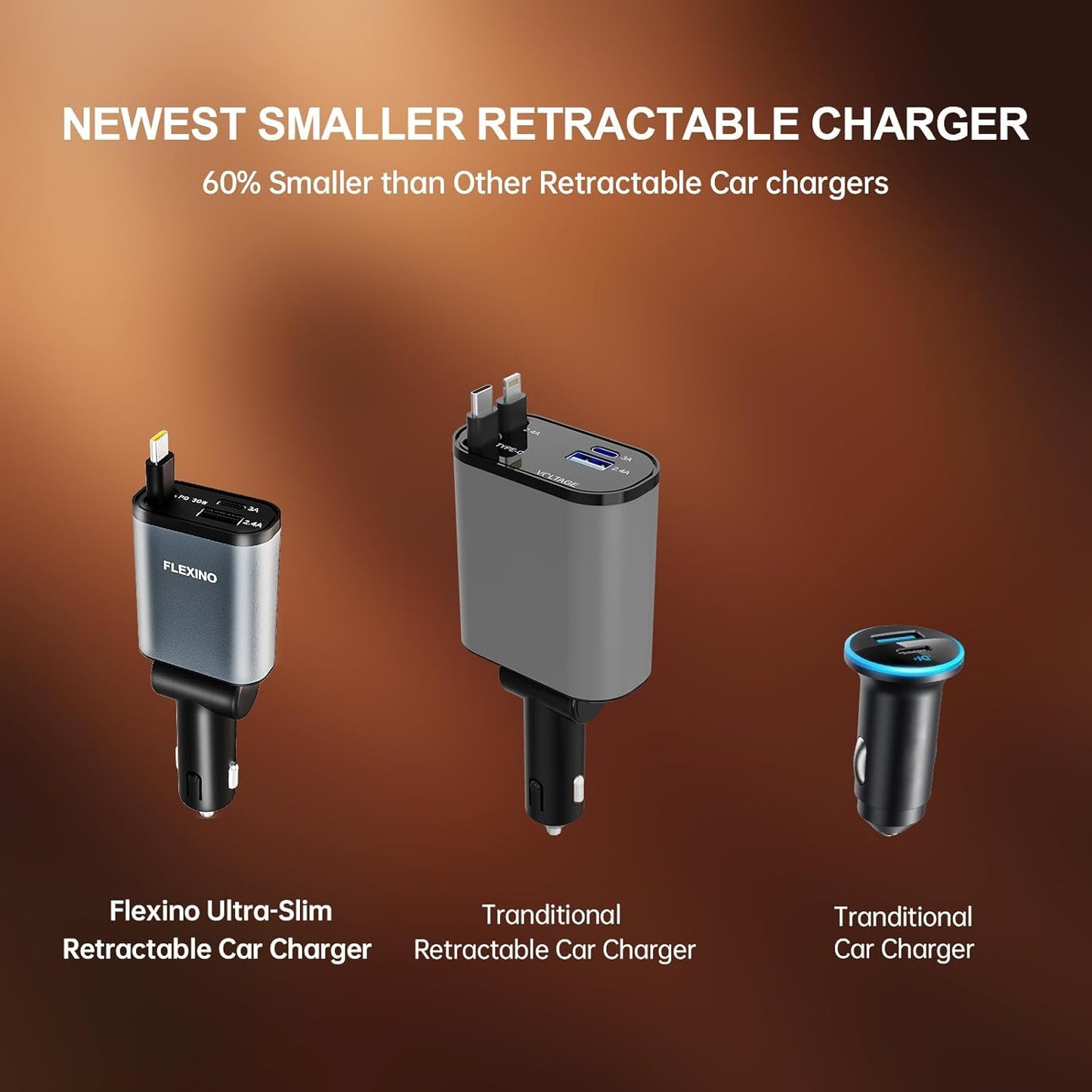 Flexino 【Ultra-Slim】 Retractable Car Charger for iPhone 16, 57W Fast Charging Car Chargers, USB C Car Charger Adaptor, Cigarette Lighter Adapter for iPhone 16/15 Series, Galaxy, Pixel, Grey