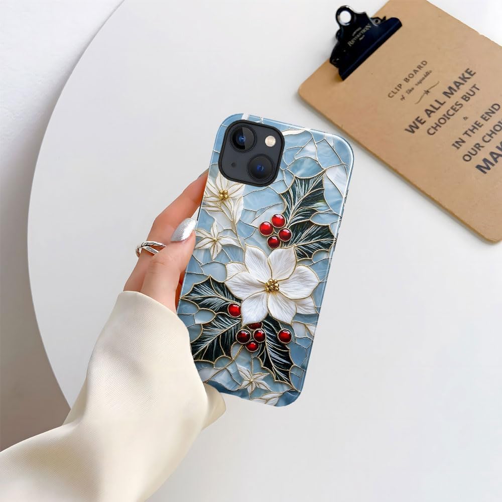 Case for iPhone 15 - Slim Fit Anti-Scratch Phone Case for Girl Women - Christmas Holly Elegant Winter Floral (Glossy)