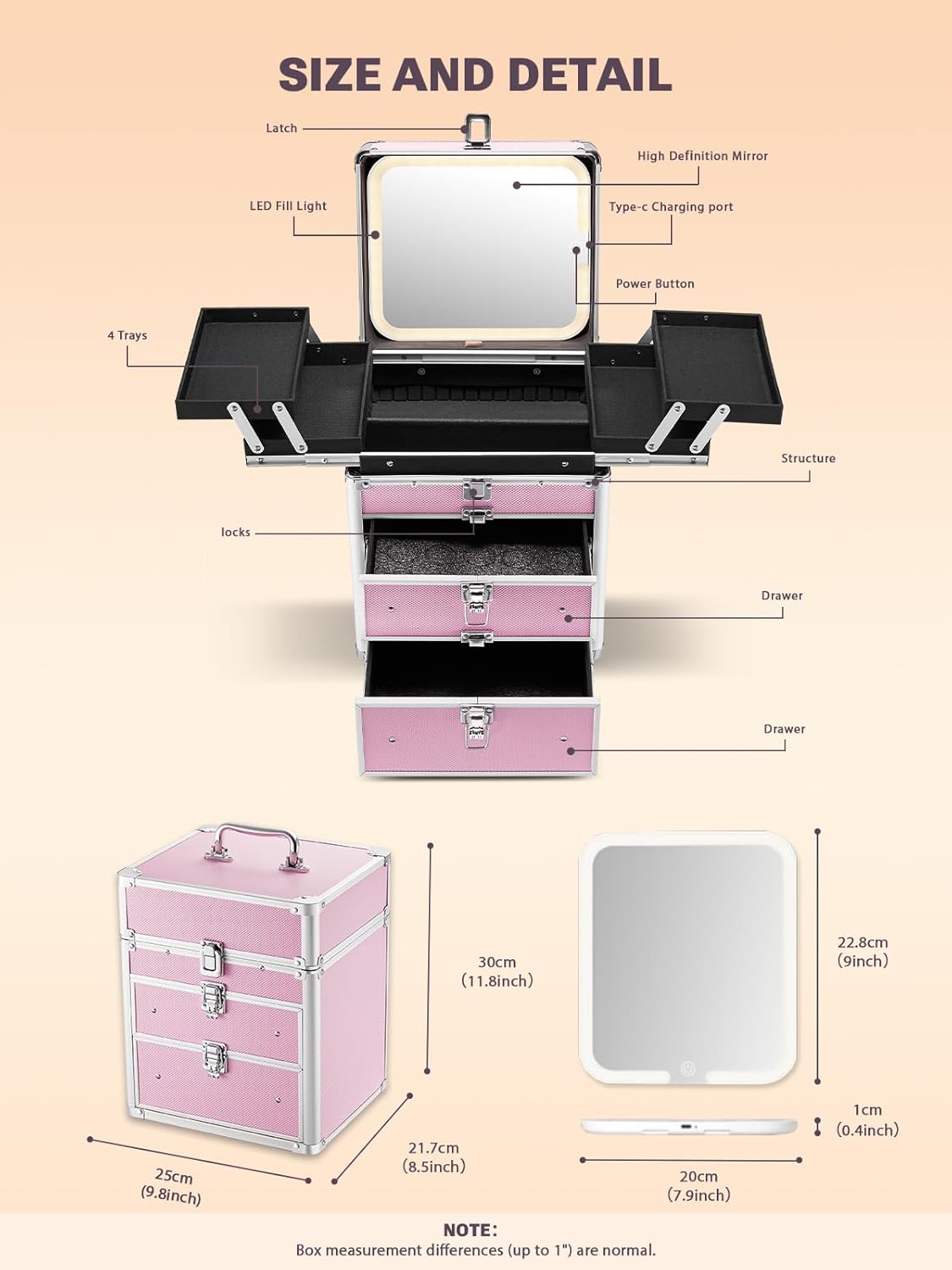 Qislee Makeup Box with Double Drawers and Four Trays, A Detachable Lighted Mirror, Waterproof Travel Train Case, Cosmetic Organizer and Makeup Suitcase with Magnetic LED Mirror(ICY Pink)