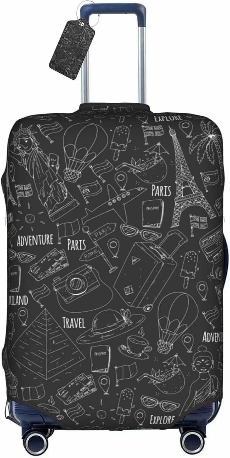 World Marks Luggage Cover for Suitcase and Luggage Tag Combination, Elastic Washable Anti-Scratch, Travel Adventure Explore Birthday Gift for Men Women(XL 29-32 Inch Luggage)
