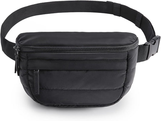 BAGSMART Fanny Packs for Women Two Way Zipper Belt Bag with Adjustable Strap, Puffy Fashion Waist Packs for Traveling Workout, Black