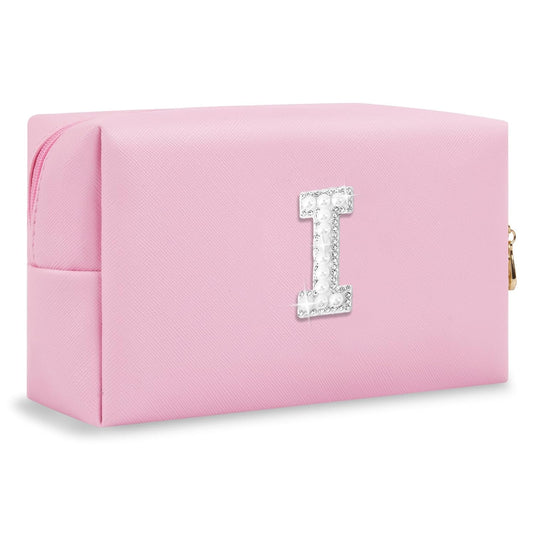 ChaoGreat Bride Gifts – Personalized Initial Makeup Bag with Pearl Rhinestone Patch, Preppy Pink Monogram Cosmetic/Toiletry Pouch, bridesmaid Gifts, Bridal Shower Gifts, Wedding Gifts, Bridal Gifts,I