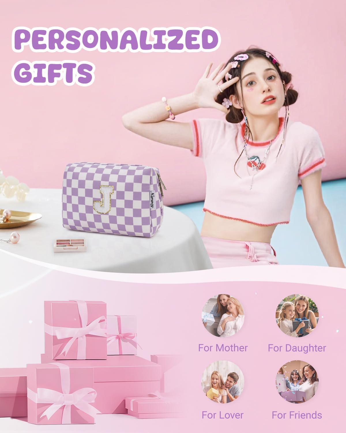 Narwey Birthday Gifts for Women Teen Girls Kids Personalized Initial Makeup Bag Monogram Preppy Cosmetic Bag Trendy Stuff 6 8 10 11 12 13 14 16 18 Years Old Travel Toiletry Bag (Purple J-1)