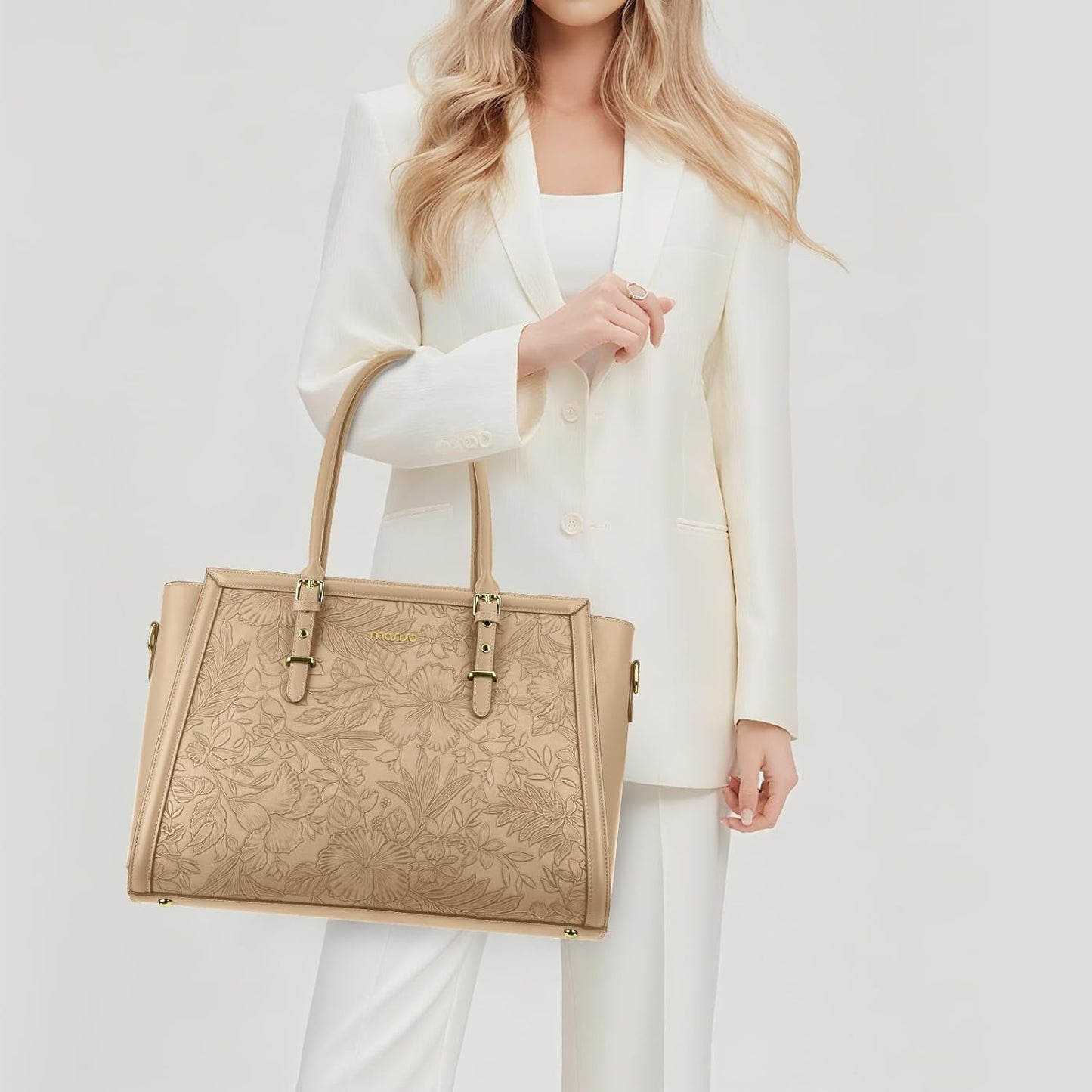 MOSISO Laptop Bag for Women, PU Leather Tote Bag, Front Embossed Retro Hibiscus Computer Bags with Silk Scarf&Clutch Purse