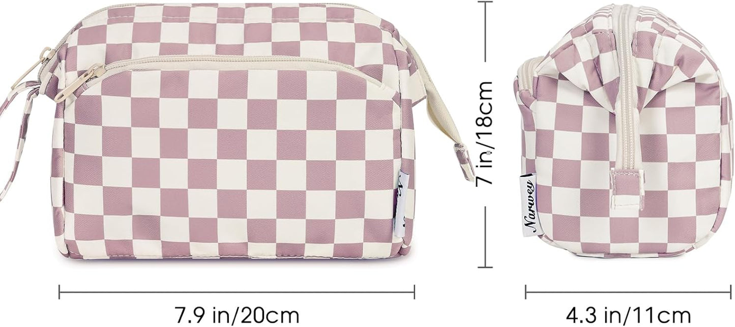 Narwey Checkered Makeup Bag Women Wide-open Make up Bag Travel Cosmetic Bag Organizer Toiletry Bag for Cosmetics Toiletries Accessories (Dusty Rose Checkerboard)