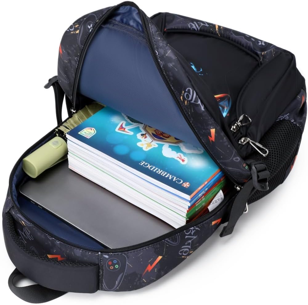 Boys Backpack for Elementary Kids Bookbag Middle School Bags Heavy Duty Soccer Laptop Durable Waterproof 18 In (4-Flame Game)