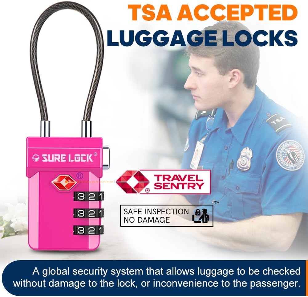SURE LOCK TSA Approved 3-Digit Combination Luggage Locks – Open Alert Indicator, Re-settable Code with Zinc Alloy Body, Easy-Read Dials for Suitcase, Backpack, Gym Locker & Toolbox (Multiple Colors)