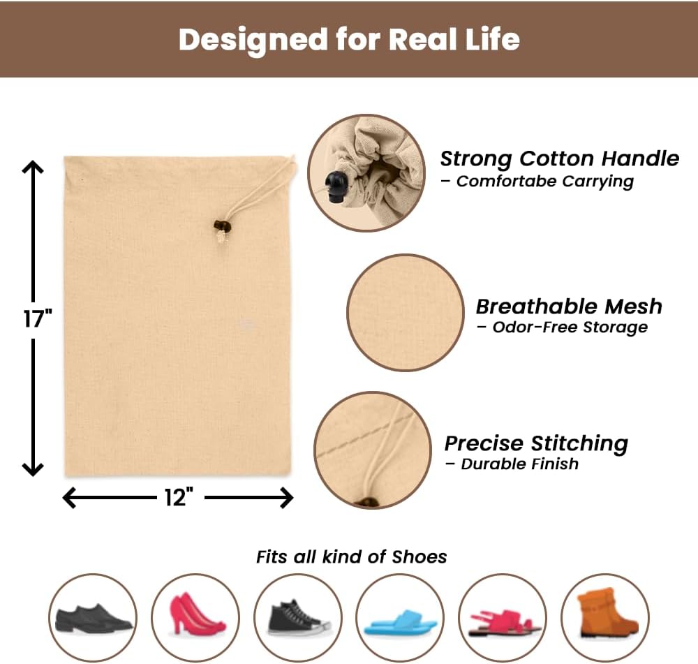 LFH Cotton Shoe Storage Bags with Drawstring, Dustproof Breathable Reusable Organizer, Perfect For Travel, Dorm, Hotel, College, Gym, Easy to Carry, Machine Washable 12"x17" (Pack of 2) - Natural