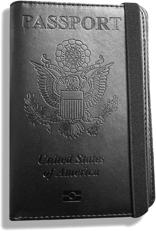 Passport Holder. GENUINE TOP GRAIN LEATHER. Luxury Gift Box. Pen, and SIM Card Removal Tool Included/Travel Wallet (American-Black)