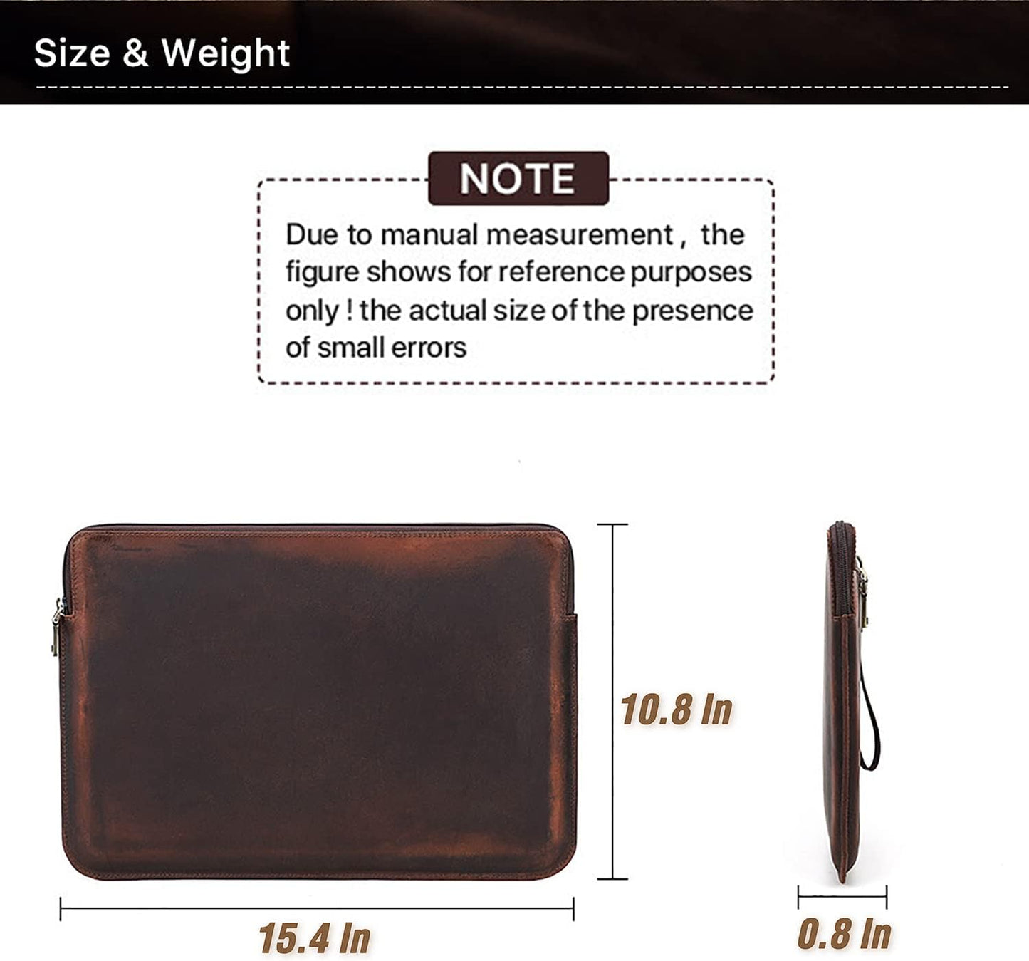 Top Grain Leather 15.4" Slim Laptop Sleeve Case Bag, Vintage Design with 2 Zip Pocket, Handmade, Compatible with MacBook Pro 15.4" Retina 2.6GHz ThinkPad 15.6" & Other PC, Coffee 15.4 Inch