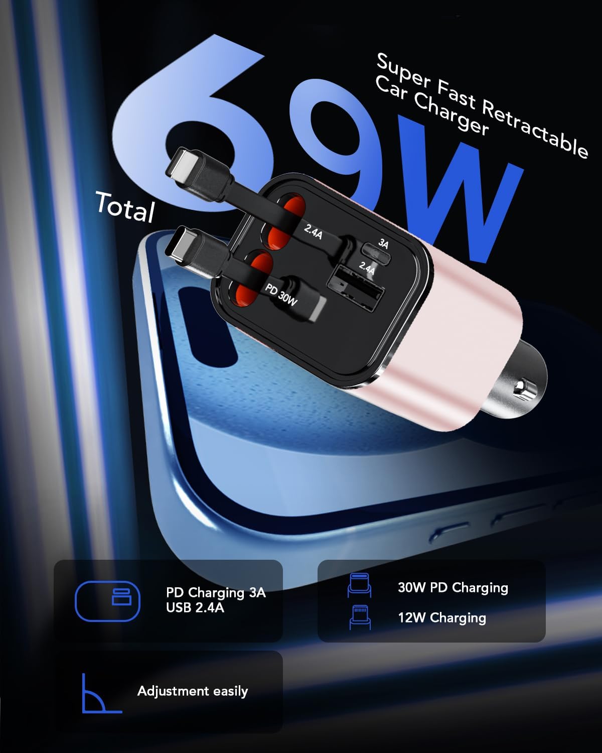 69W Fast Charging USB C Car Charger, 4-in-1 Retractable Phone Charger for iPhone 17, Travel Essentials, Gifts for Women Men, Car Accessories for Women Men, for iPhone 17 16 15 14 13, Galaxy, Pixel