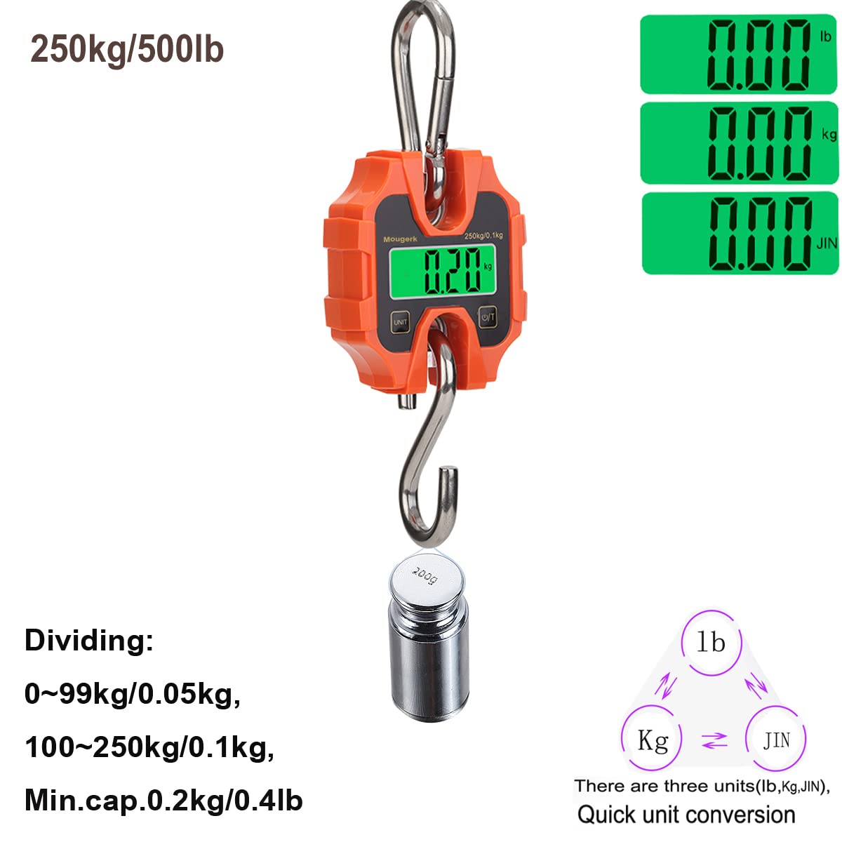 Digital Hanging Scales Portable Heavy Duty Crane Scale 250 kg 500 lb 2 AAA Batteries(Not Included)