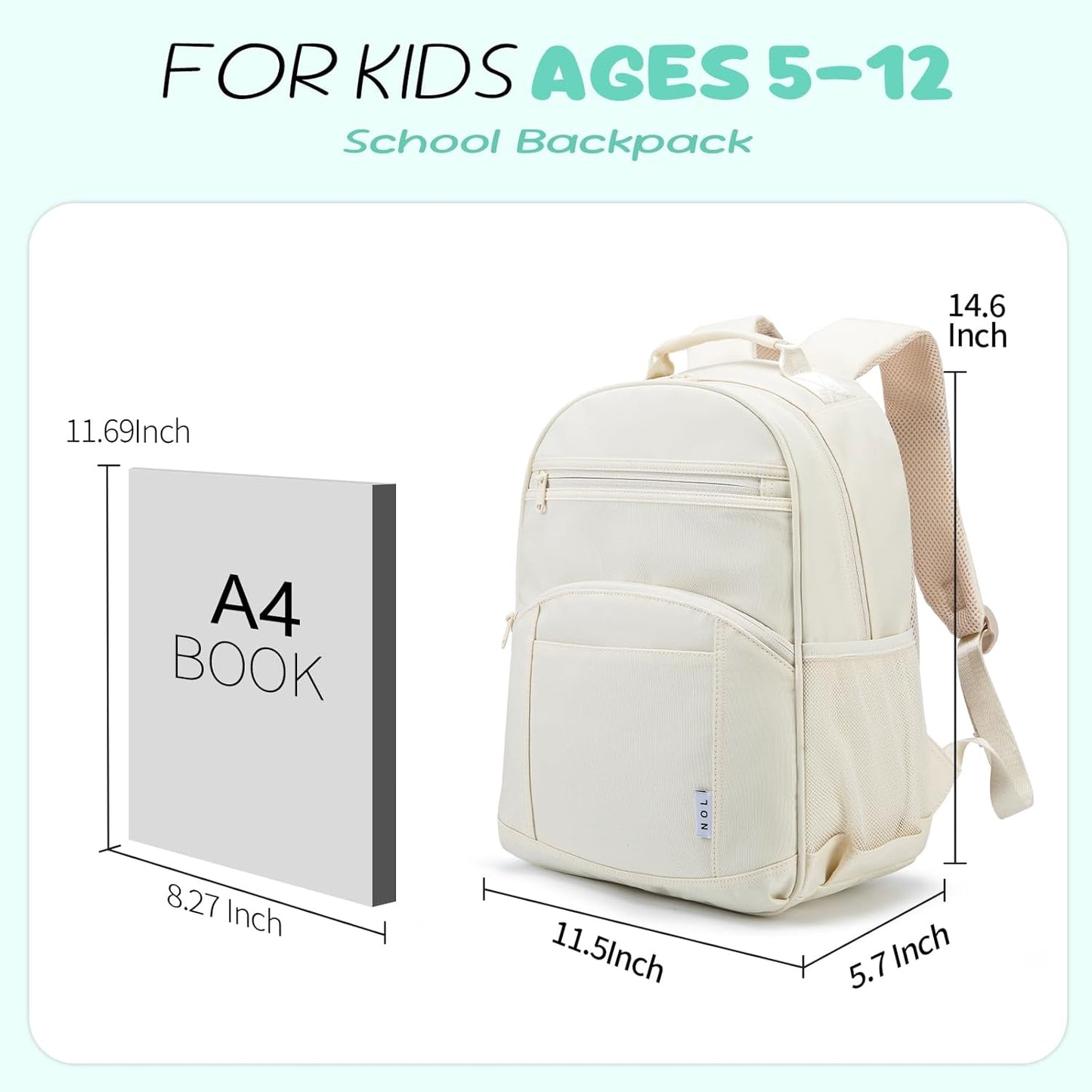 NOL Natural Organic Lifestyle Kids Backpack, School Backpacks for Teens Girls Boys, School Bookbag with Pencil Bag & Reflective Stripe for Elementary School - Cream