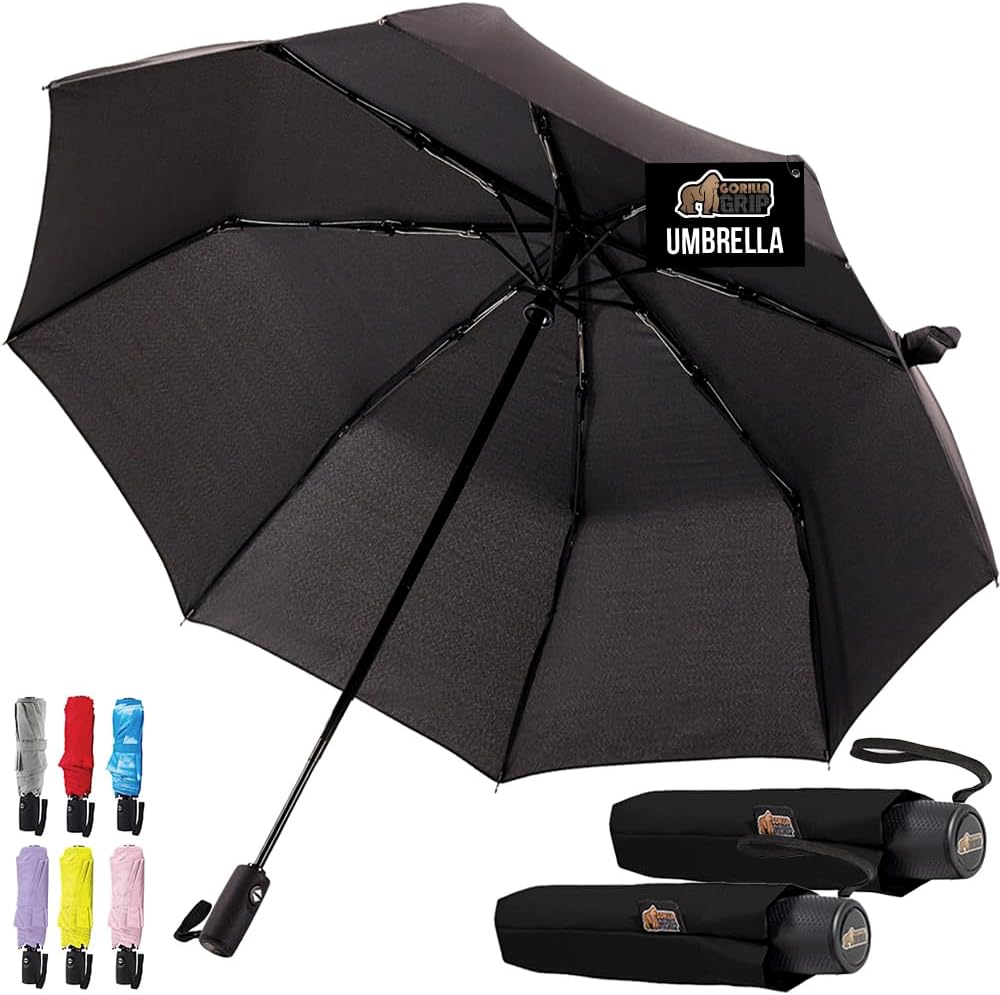 GORILLA GRIP Strong Windproof Stick Compact Umbrella for Rain, 2 PK, One-Click Automatic Open Close, Durable Quick Dry Waterproof Material, Lightweight, Portable, Travel Size Fits Backpack, Black