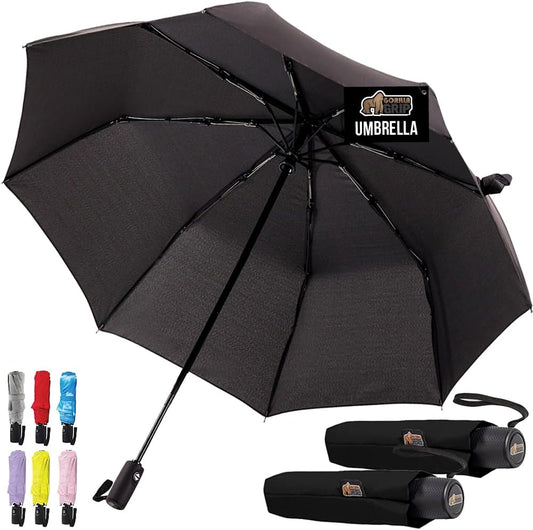 GORILLA GRIP Strong Windproof Stick Compact Umbrella for Rain, 2 PK, One-Click Automatic Open Close, Durable Quick Dry Waterproof Material, Lightweight, Portable, Travel Size Fits Backpack, Black
